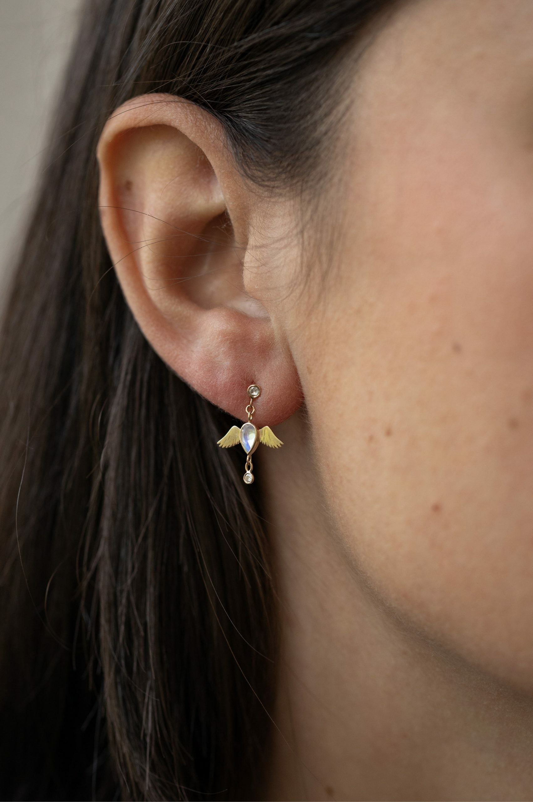 CELINE DAOUST | Pear Moonstone Bird & Diamonds Earrings