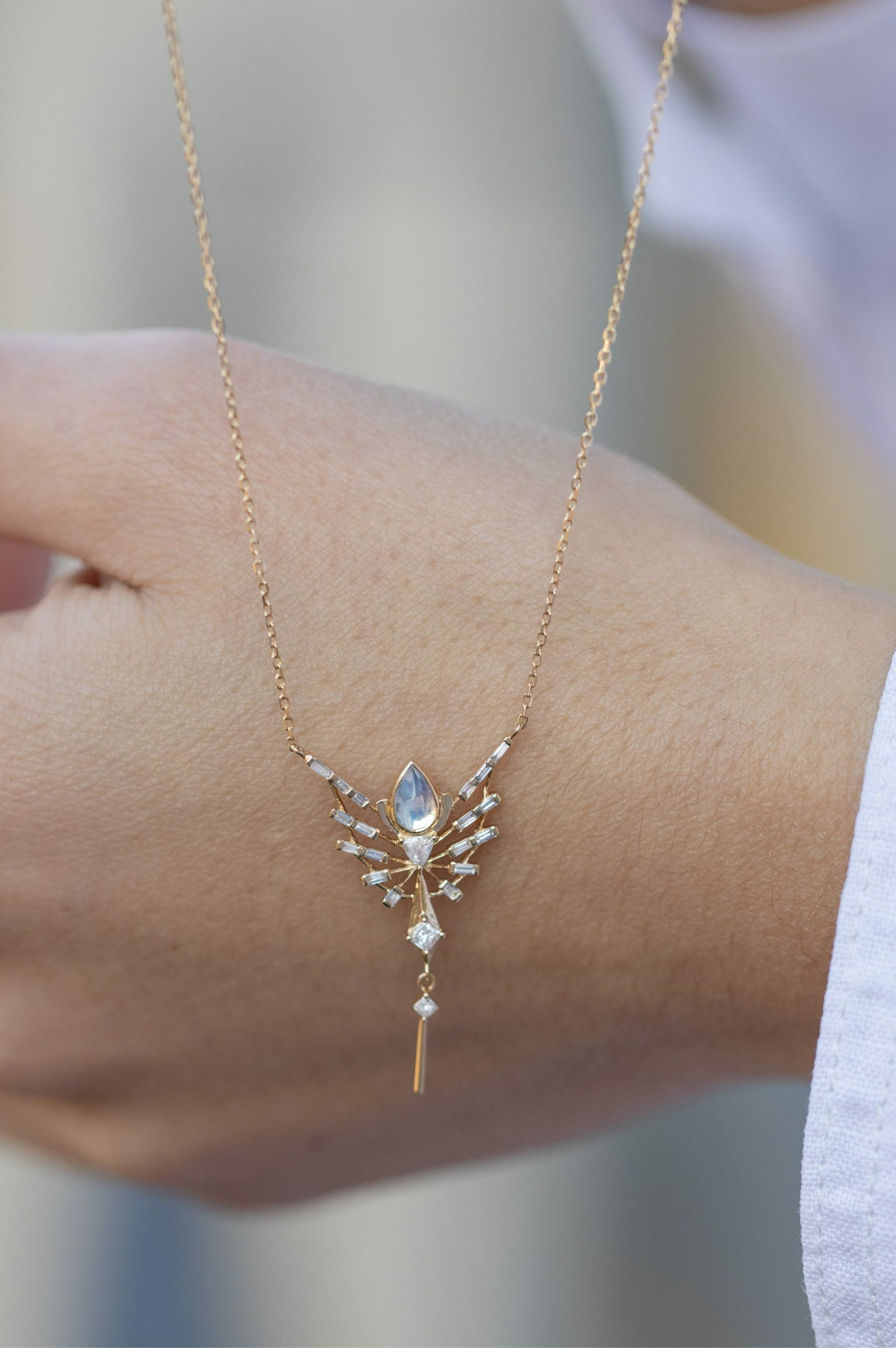 CELINE DAOUST | DREAM MAKER PEAR MOONSTONE AND DIAMONDS PHOENIX NECKLACE