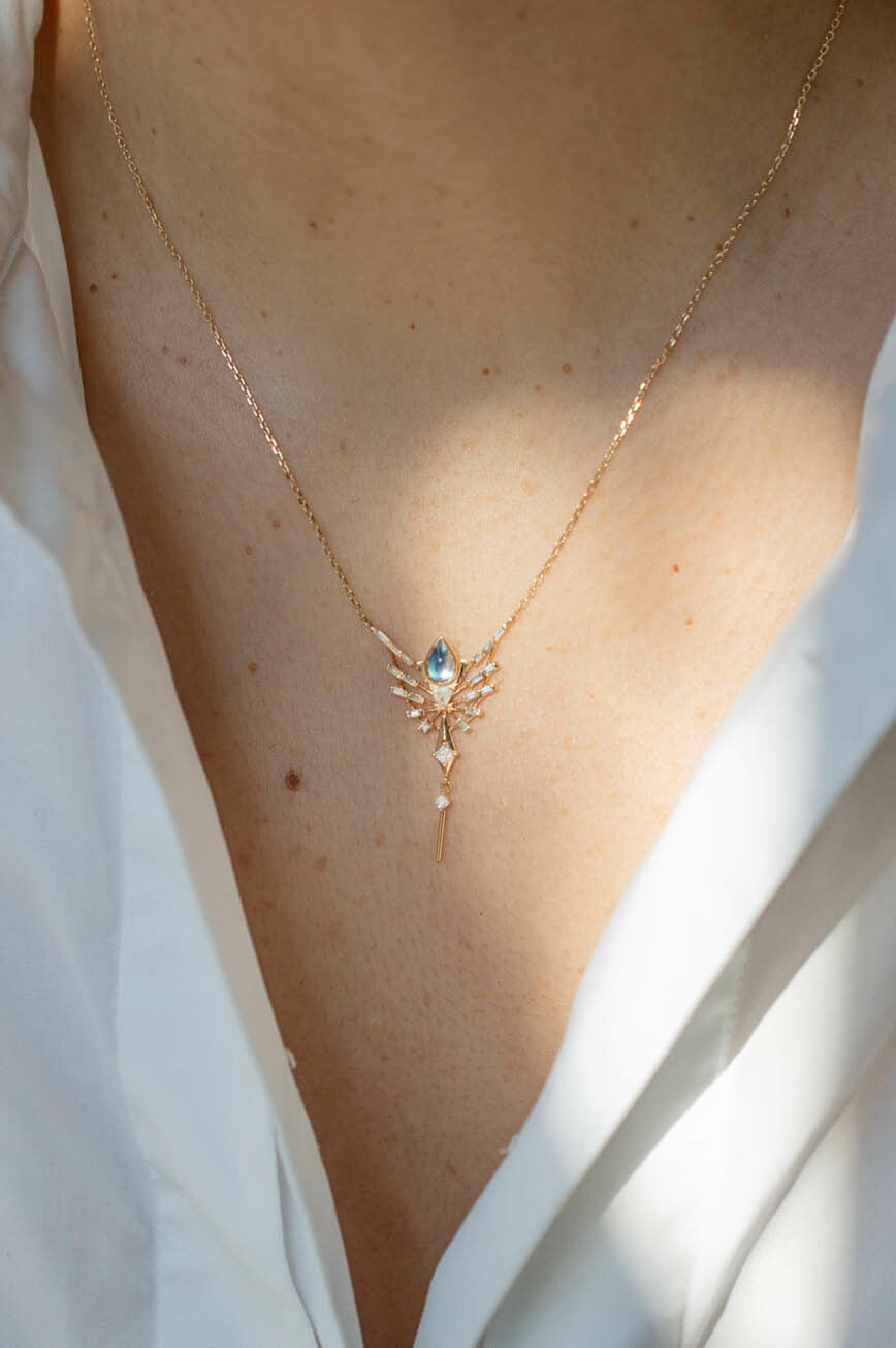 CELINE DAOUST | DREAM MAKER PEAR MOONSTONE AND DIAMONDS PHOENIX NECKLACE
