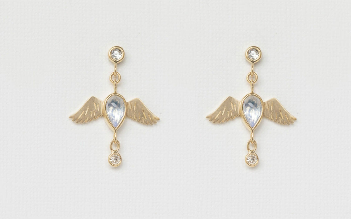 CELINE DAOUST | Pear Moonstone Bird & Diamonds Earrings