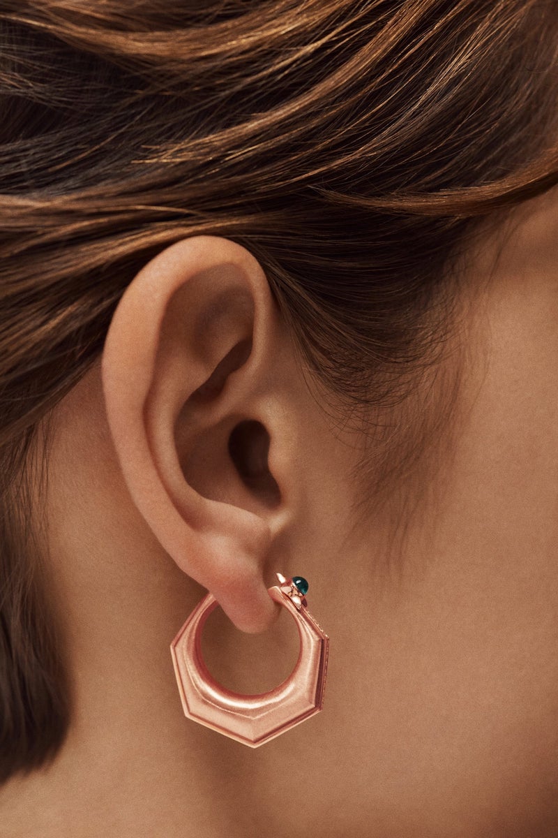 MARIE LICHTENBERG | Baba large rose gold earrings with diamonds and emerald